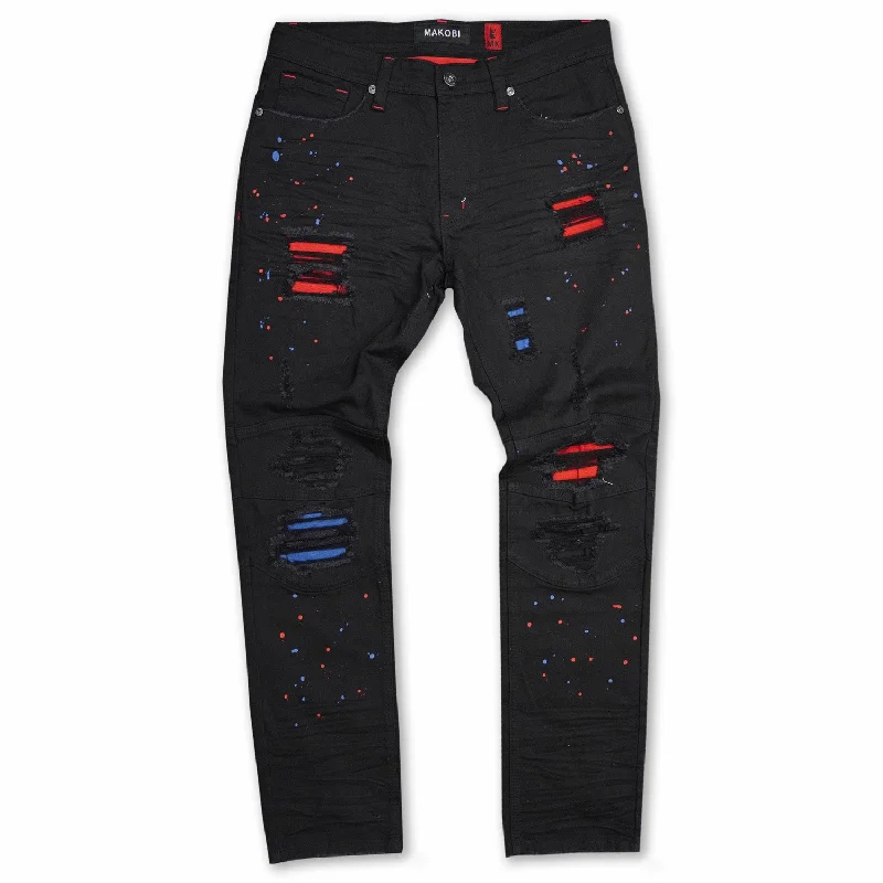 Belt Loops Jeans for Accessorizing -M1749 Makobi Sanded Biker Jeans with Rip & Repair - Black/Red