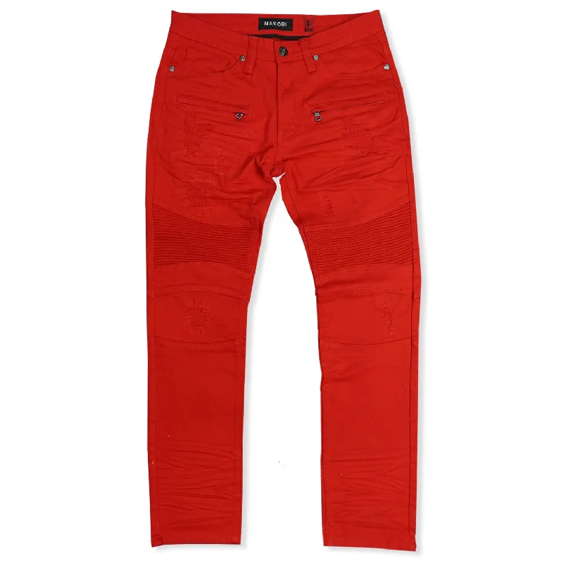 Tapered Jeans for Modern -M1786 Makobi Prado Biker Jeans with Rip & Repair - Red