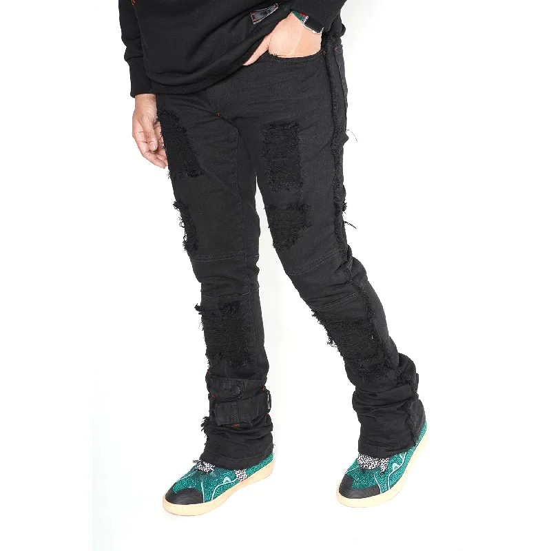 Overalls Jeans for Workwear -F1779 Shredded Stack Jeans - Black/Black