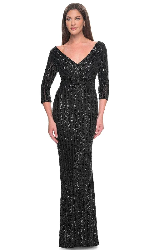 Plus size dresses with flowing skirts move freely -La Femme 31681 - Sequin Embellished V-Neck Evening Dress