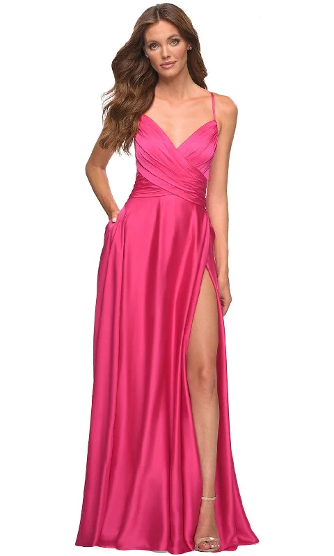 Plus size dresses with unique cuts stand apart -La Femme 30616 - Ruched V-Neck Evening Dress