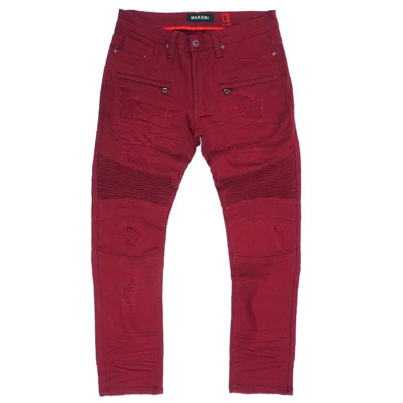 Mini Skirt Jeans for Flirty -M1786 Makobi Prado Biker Jeans with Rip & Repair - Burgundy