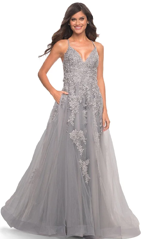 Plus size dresses with sleek necks stay elegant -La Femme 30810 - Lace Applique A-Line Gown