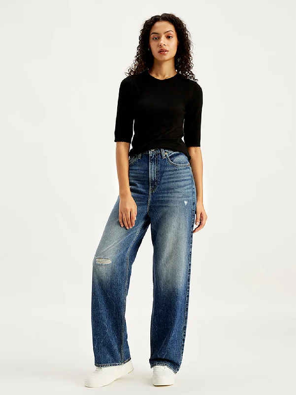 Wide Leg Jeans for Comfort -Women's High Rise Loose Fit Blue Jeans