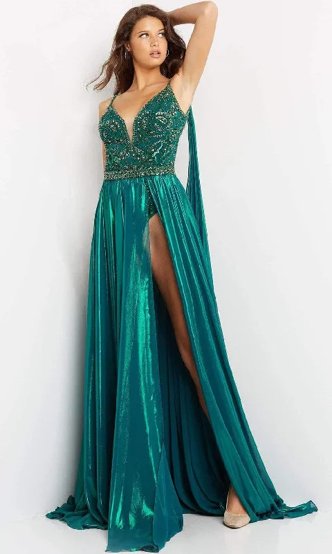 Plus size dresses for casual Fridays stay relaxed -Jovani - 07249 Plunging Sweetheart A-Line Gown With Cape