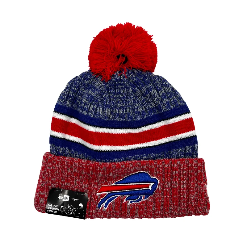 Canvas baseball cap for long-lasting wear -Youth New Era Bills Team Stripe 2023 Sideline Pom Knit Hat