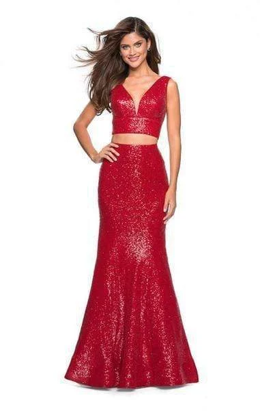 Plus size dresses featuring sequins sparkle subtly -La Femme - 27590 Fully Sequined Deep V-neck Trumpet Dress