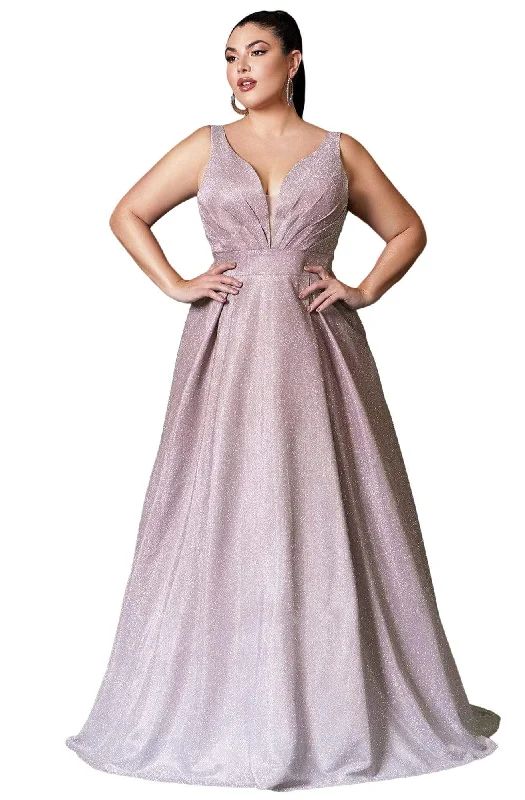 Plus size dresses featuring lace sleeves feel luxe -Cinderella Divine - 9174C Deep V-neck Pleated A-line Gown