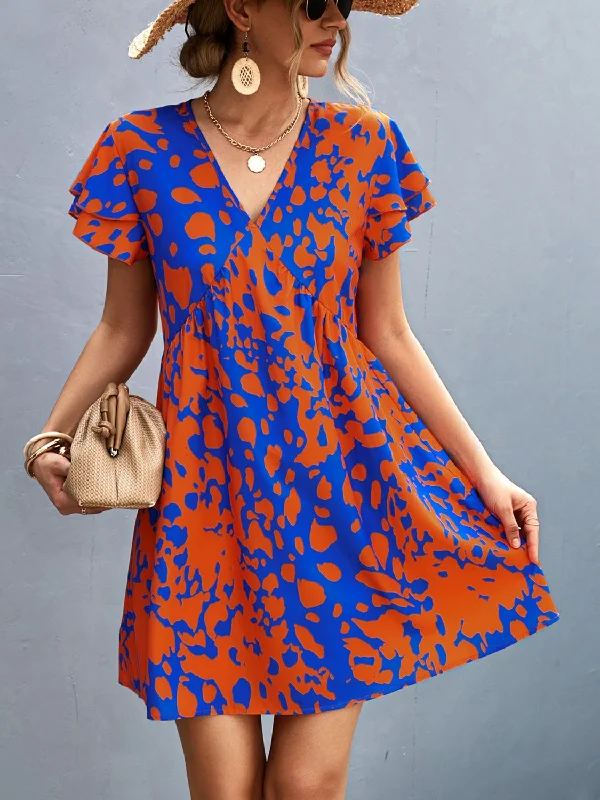 Plus size dresses with cap sleeves feel dainty -Ruffled Printed V-Neck Short Sleeve Mini Dress