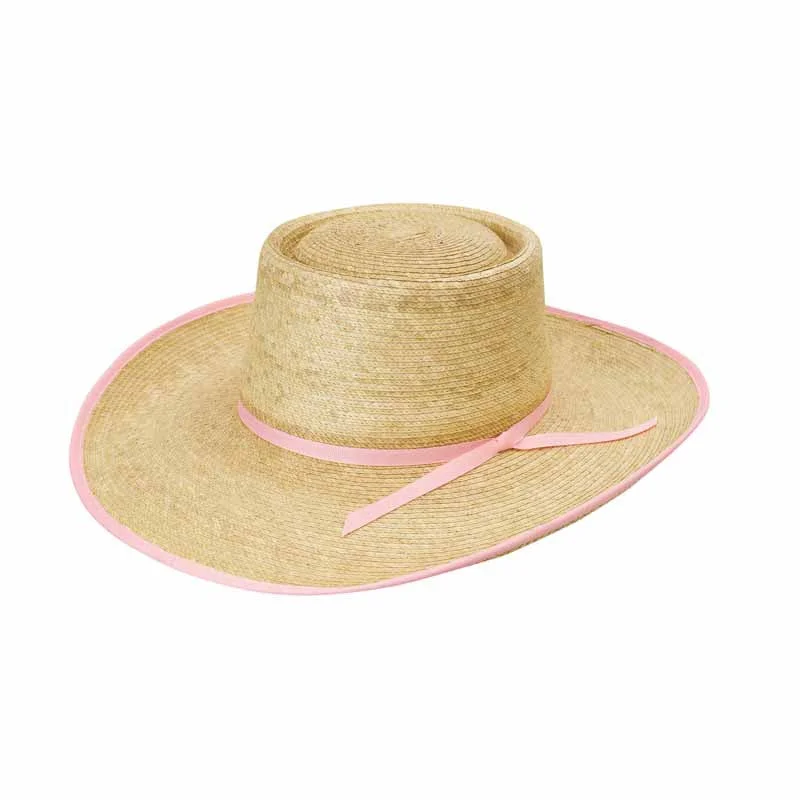 Washed denim cap for broken-in softness -Reata 4 Inch Brim Palm Leaf Hat - Oak/Pink