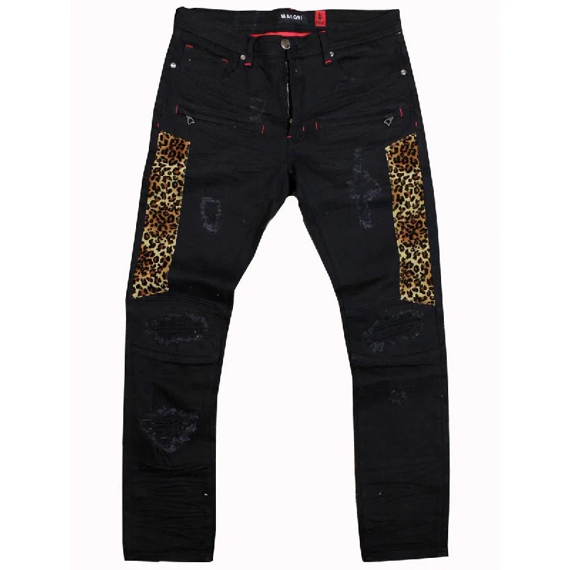 Button Fly Jeans for Traditional -M1782 Ripped & Repair Jeans With Leopard Print Patch - Black/Black