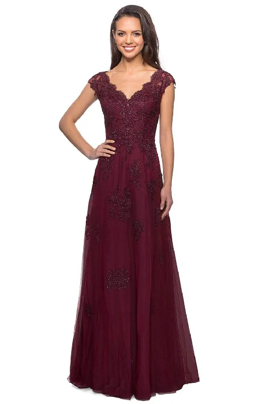 Plus size dresses for outdoor events stay comfy -La Femme - Cap Sleeve V-Neck Floral Lace Appliqued Tulle Dress 26942SC