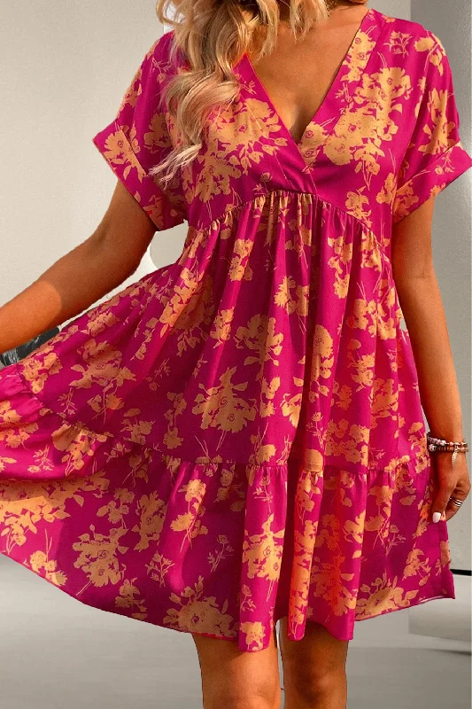 Plus size dresses for fancy nights shine bright -Printed Surplice Short Sleeve Mini Dress