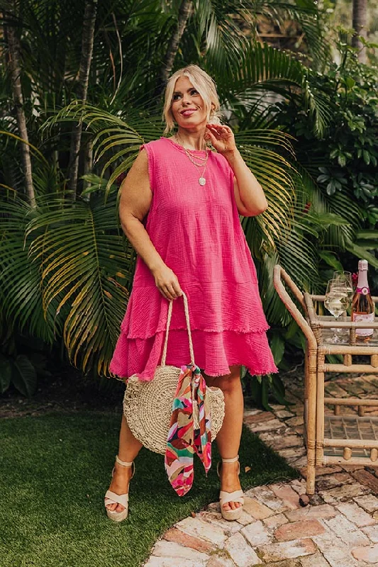 Plus size dresses for outdoor parties stay fun -Spring Sunshine Frayed Dress in Hot Pink Curves