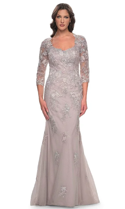 Plus size dresses with muted tones blend well -La Femme 30200 - Quarter Sleeve Mermaid Evening Dress