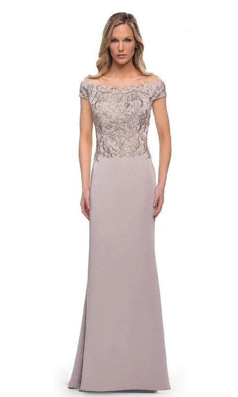 Plus size dresses with unique necklines add flair -La Femme - 29331 Off Shoulder Formal Sheath Dress