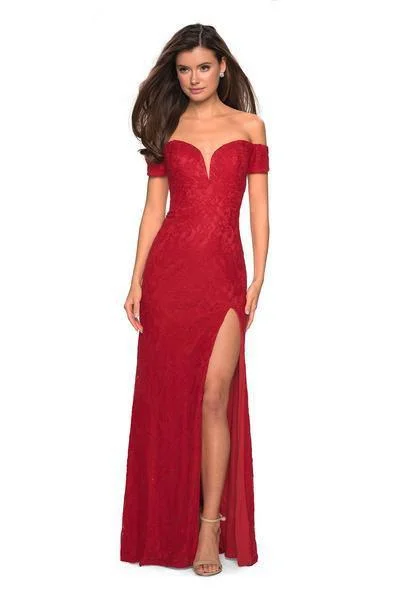 Plus size dresses with ruched details hide flaws -La Femme - 26998 Off-Shoulder Mermaid Gown with Slit