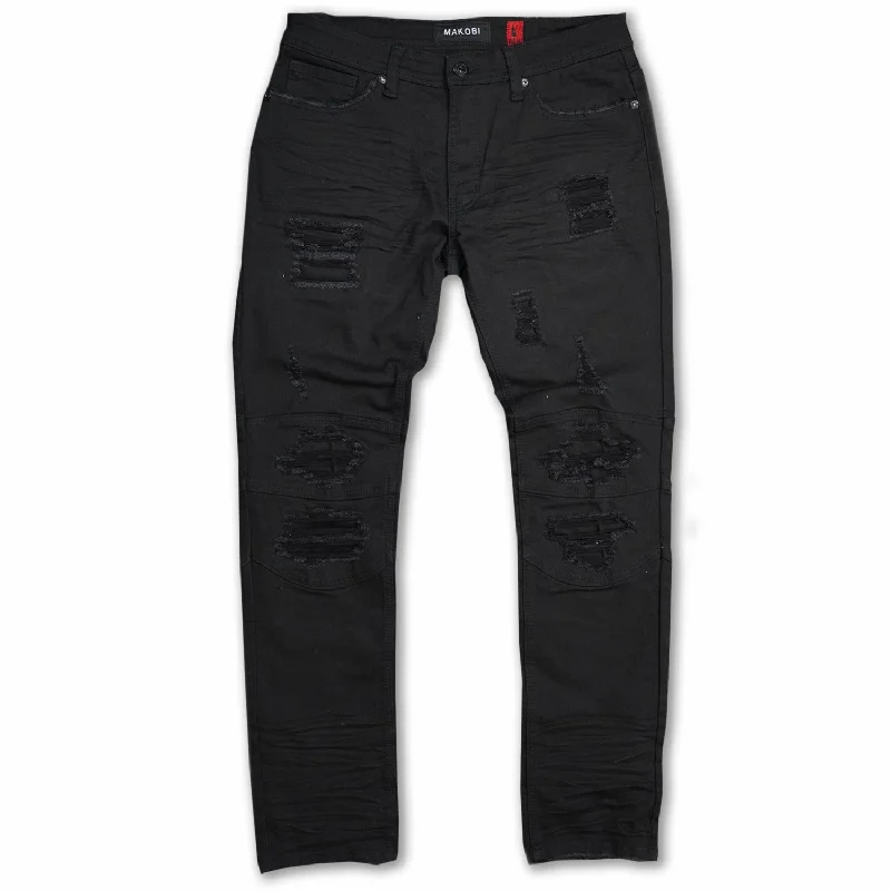 Back Pocket Jeans for Design -M1749 Makobi Sanded Biker Jeans with Rip & Repair- Black/Black