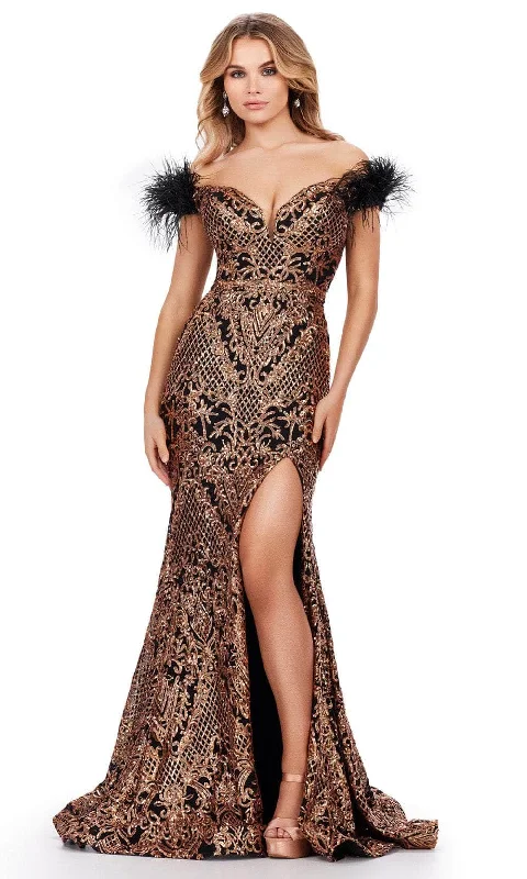 Plus size dresses for cold seasons warm up -Ashley Lauren 11463 - Feather Sleeve Sequin Prom Dress