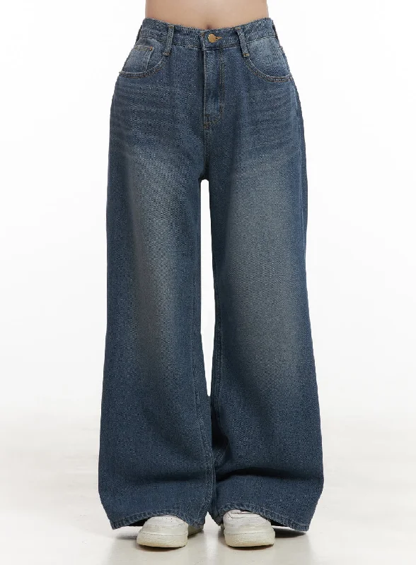 Zipper Fly Jeans for Convenience -Laurel Washed Wide-Leg Jeans IJ510