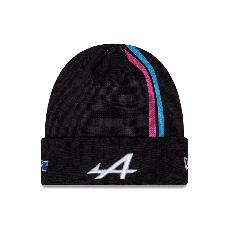 Fitted dad cap for relaxed snug wear -Alpine Racing F1 New Era Stripe Knit Cuff Black Beanie - Adult/Kids