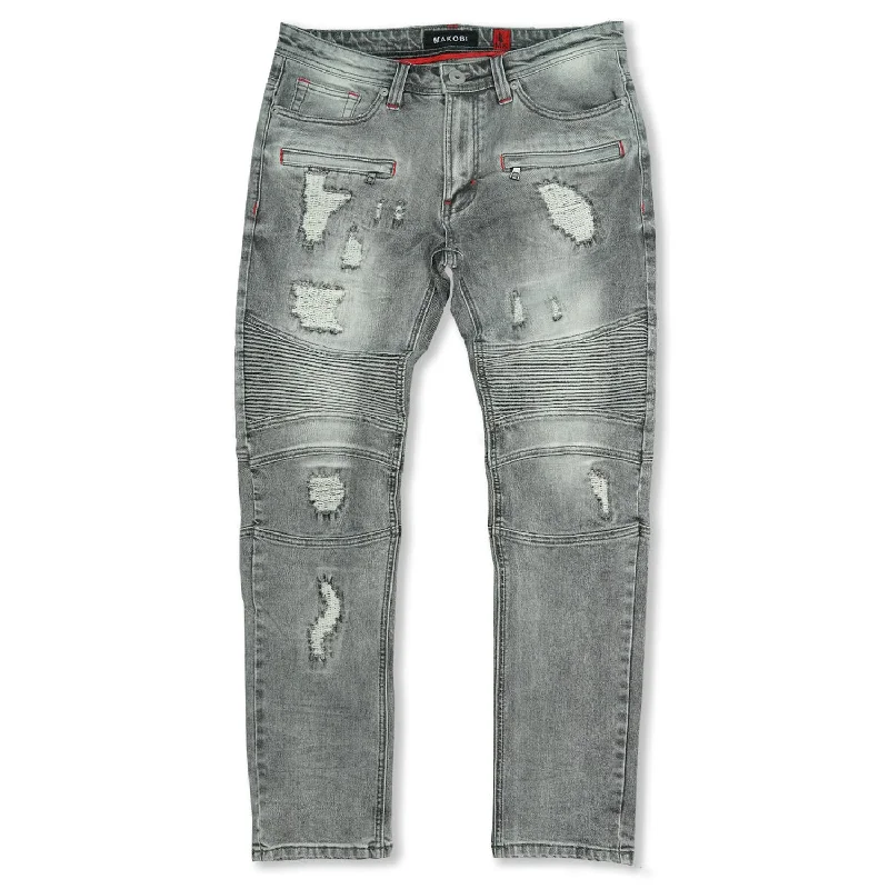 Frayed Hem Jeans for Edgy -M1786 Makobi Prado Biker Jeans with Rip & Repair - Gray