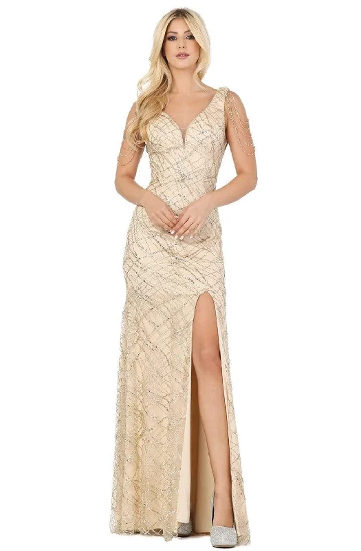 Plus size dresses featuring neutral tones pair easily -Dancing Queen - 4063 Bead Garlanded High Slit Glitter Gown