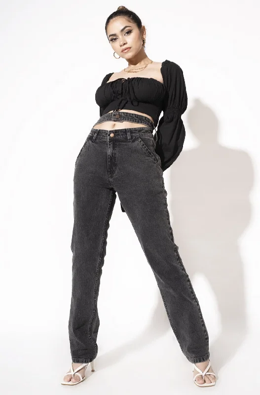 Boyfriend Jeans for Relaxed -Charcoal Double Belt Straight Fit Jeans