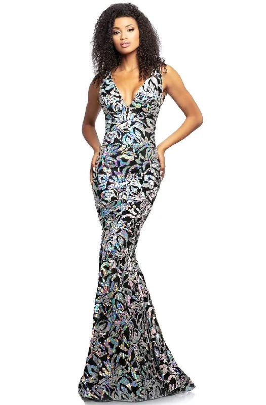 Plus size dresses featuring metallic hues shine soft -Johnathan Kayne - 2106 Sleeveless V Neck Sequin Velvet Mermaid Gown