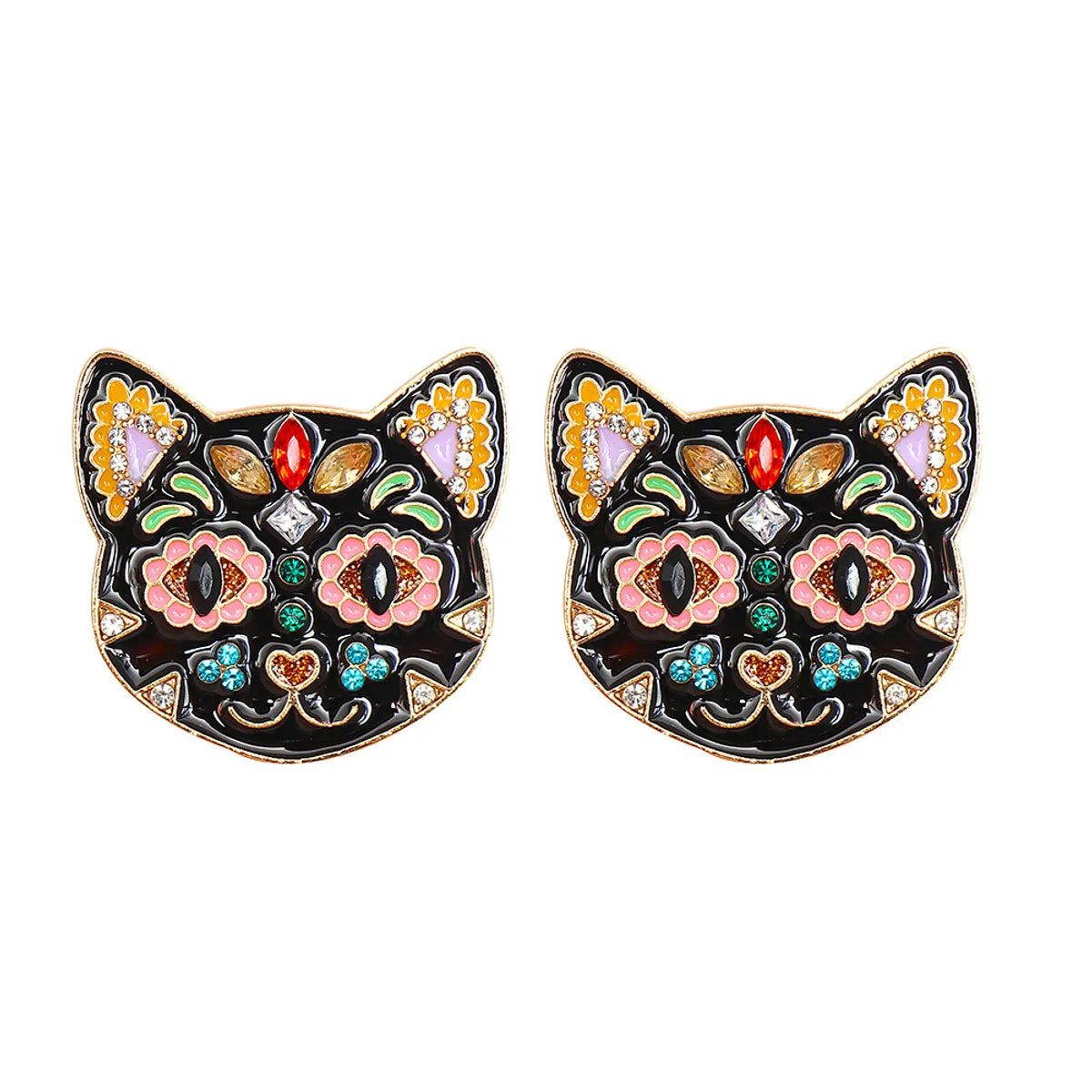 Hoop earrings with oversized pearl accents for a statement-making look-55625 Europe And America Creative Black Cat Colorful Cat Funny Earrings Halloween Ghost Festival Ear Studs Oil-plated Diamond Earrings