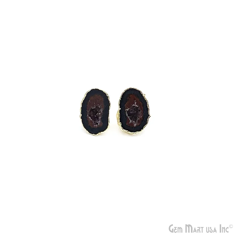 Best hoop earrings with geometric shapes for a modern and artistic appeal-Black Agate Geode Druzy 12x6mm Gold Electroplated Studs Earrings