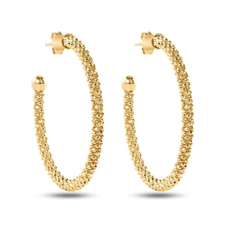 Best hoop earrings with satin ribbons for a soft, feminine appearance-Clearance- Sterling Gold Plated 925 Sterling Silver Beaded Semi Hoop Earrings - ITE00045GP