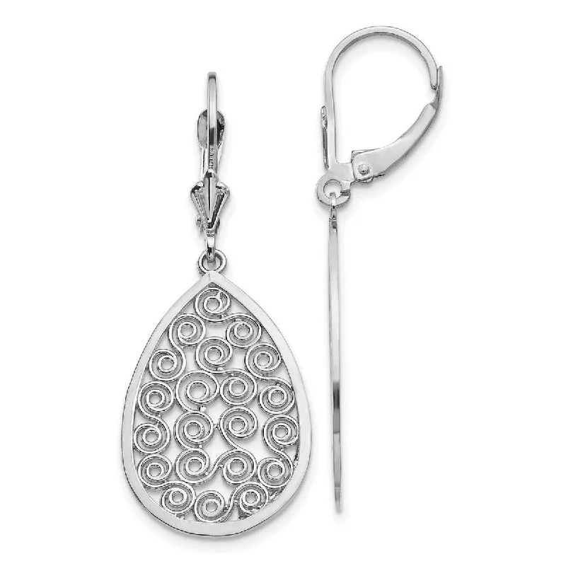 Hoop earrings with oversized designs for a bold, fashion-forward statement-Curata 14k White Gold Polished Teardrop Filigree Dangle Leverback Earrings 41x16mm