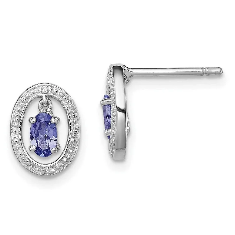 Best hoop earrings with crescent-shaped designs for a bold, moon-inspired style-Curata 925 Sterling Silver Polished Rhodium Plated Diamond and Tanzanite Oval Post Earrings Measures 10x8mm Wide