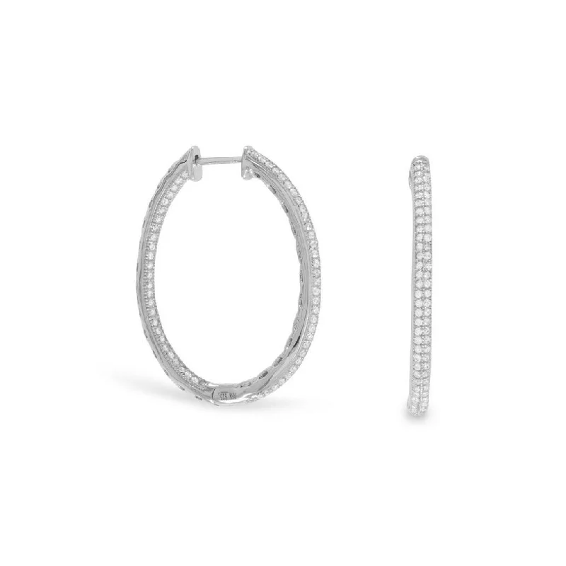 Hoop earrings with abstract shapes for an artistic and creative touch-Curata Rhod. P. 925 Sterling Silver 2.5mm Two Row CZ Cubic Zirconia Simulated Diamond In Out Hinged Hoop Earrings Drops 33.5mm