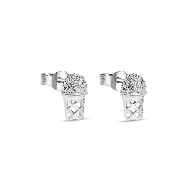 Hoop earrings with braided patterns for a detailed and textured finish-Final Price-Rhodium Plated 925 Sterling Silver Small Basketball Rim CLR CZ Earrings - STEM134-CLR