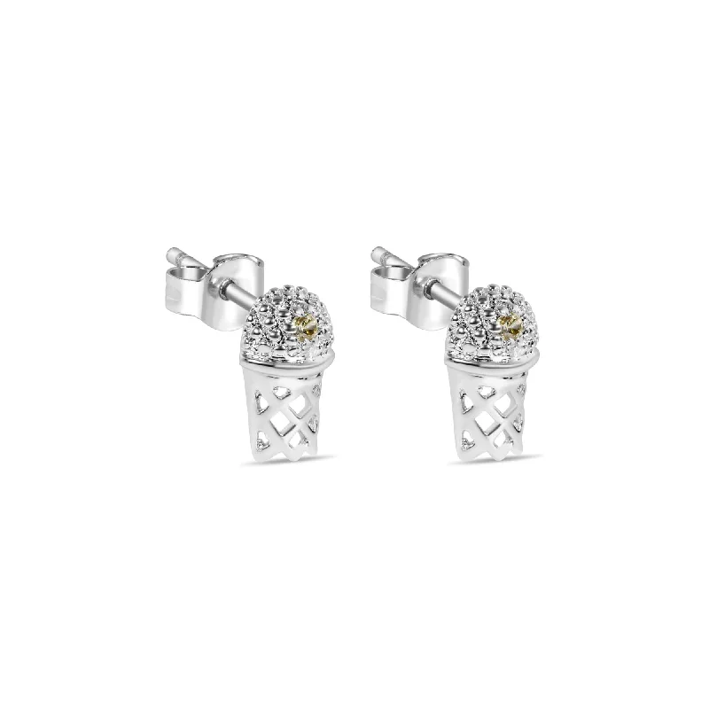 Hoop earrings with dangling charms for a playful and fun look-Final Price-Rhodium Plated 925 Sterling Silver Small Basketball Rim YLW CZ Earrings - STEM134-YL