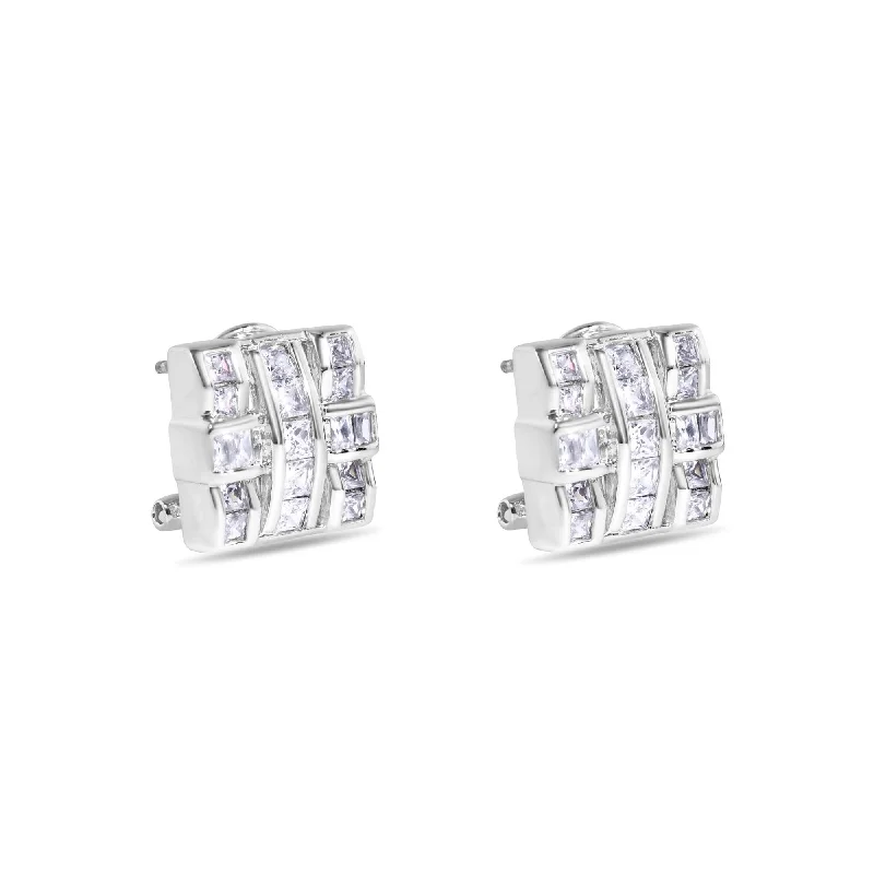 Hoop earrings with stacked layers for a bold and textured design-Final Price-Rhodium Plated 925 Sterling Silver Square Cross Design Clear CZ Leverback Earrings - STEM094