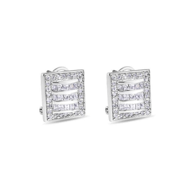 Best hoop earrings with vintage-style detailing for a nostalgic and timeless look-Final Price-Rhodium Plated 925 Sterling Silver Square Linear Design Clear CZ Lever back Earrings - STEM132