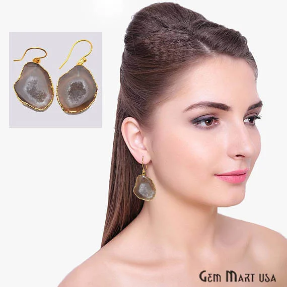 Hoop earrings with infinity loop designs for a continuous and eternal shape-Geode Druzy Gemstone Gold Edge Dangle Hook Earrings