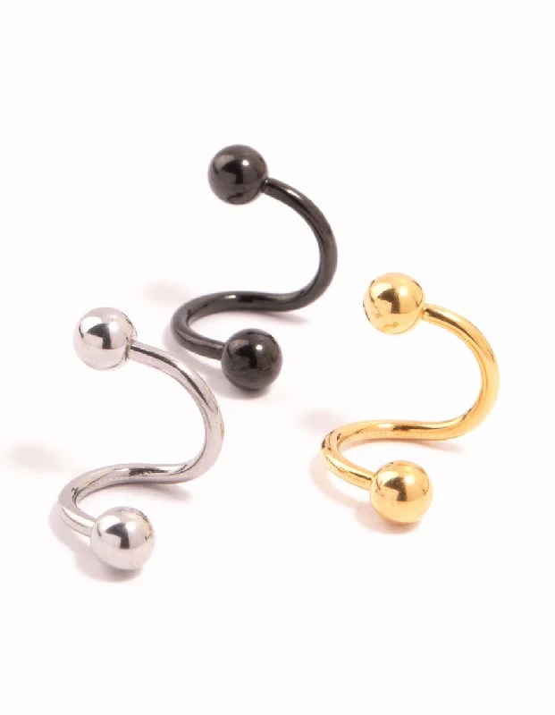 Hoop earrings with artistic filigree designs for an intricate, delicate finish-Gold, Black & Silver Surgical Steel  Twisted Belly Bars 3-Pack