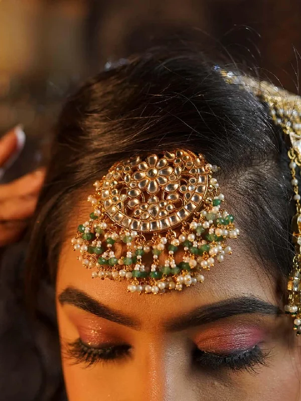 Hoop earrings with oversized pearl accents for a statement-making look-Gold Finish Kundan Polki And Green Beaded Maangtikka