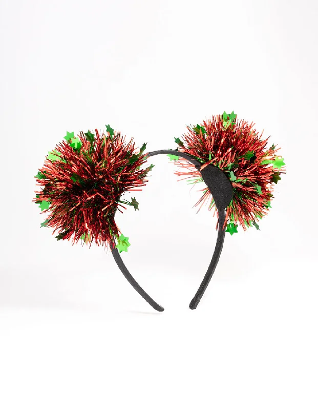 Hoop earrings with crescent moon shapes for a celestial and mystical appearance-Green & Red Tinsel Pom Pom Headband