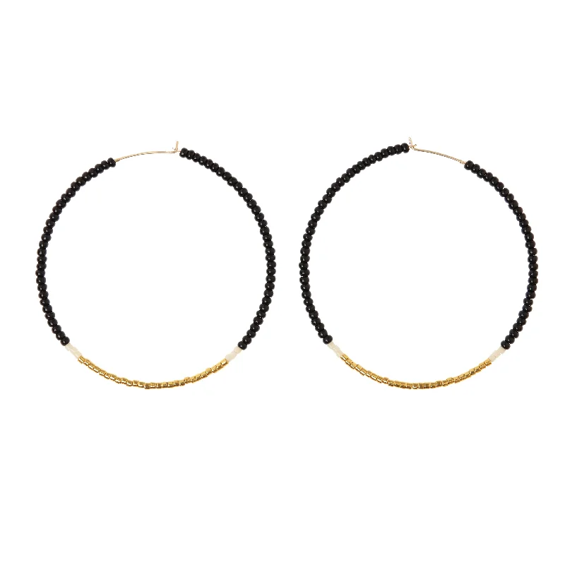 Hoop earrings with colorful beads for a fun and playful vibe-Large Hoop Earrings - BLACK/CREAM/GOLD