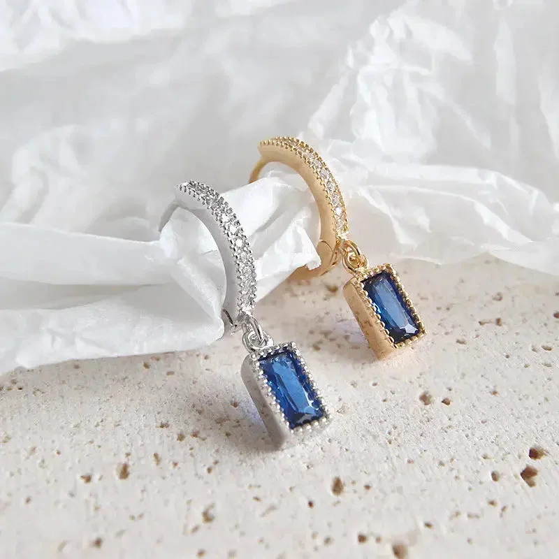 Best hoop earrings with minimal embellishments for a sleek and modern look-LOVCIA Geometry Blue CZ Rectangle 925 Silver Dangling Earrings (Single Piece)