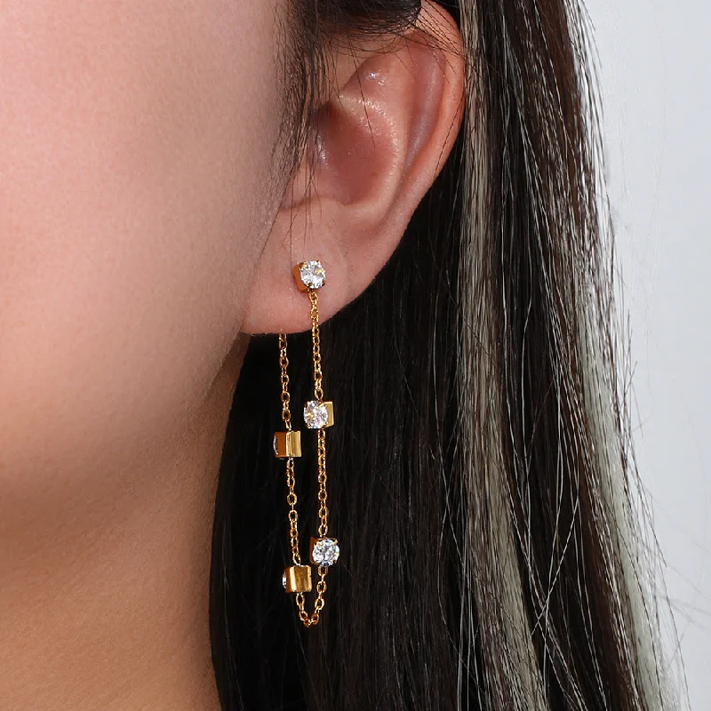 Hoop earrings with hearts for a sweet and romantic gesture-LOVCIA Gleaming Zircon Square Chain Earrings for Women