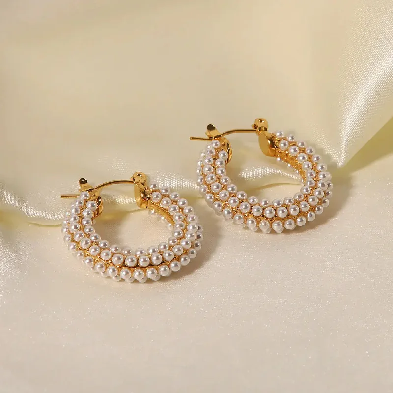 Best hoop earrings with gemstone accents for a colorful and elegant appearance-LOVCIA Gold Plated Stainless Steel Pearl Inlay Hoop Earrings for Women