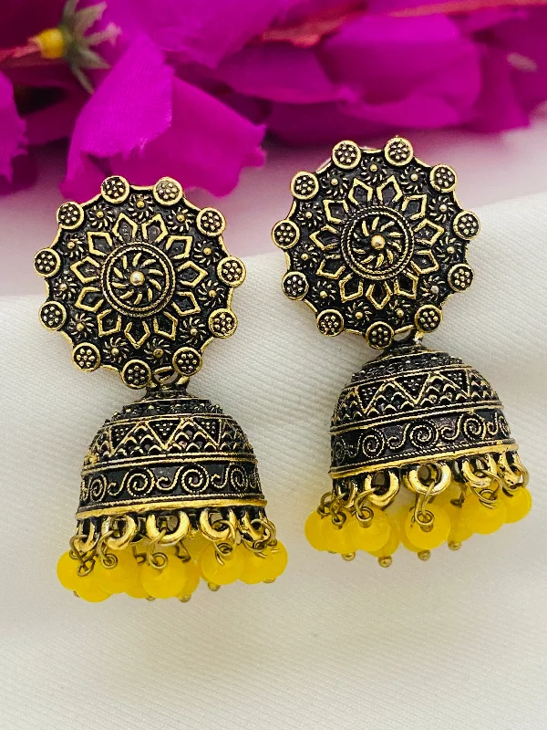 Hoop earrings with abstract shapes for an artistic and creative touch-Appealing Yellow Color Pearl Beaded Floral Design Oxidized Jhumkas