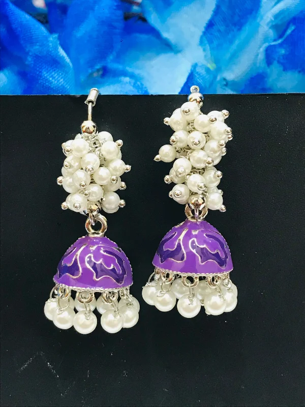 Hoop earrings with floral motifs for a feminine and nature-inspired look-Attractive Purple Color Oxidized Beaded Work Earrings For Women