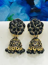 Best hoop earrings with hammered gold for a rustic yet elegant look-Elegant Black Color Flower Design Jhumka Earrings For Women